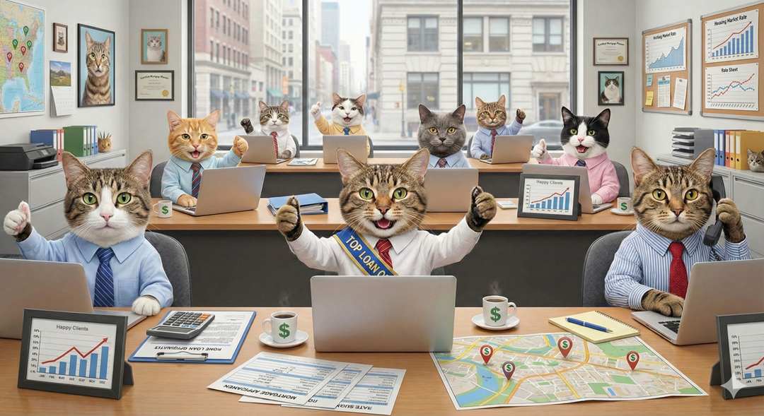 Cats in an office in front of computers, giving a thumbs up to the camera